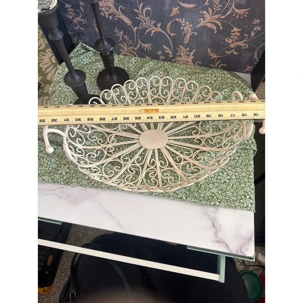 Vintage Cream Metal Scroll Wire Filigree Decorative Centerpiece Basket 18in